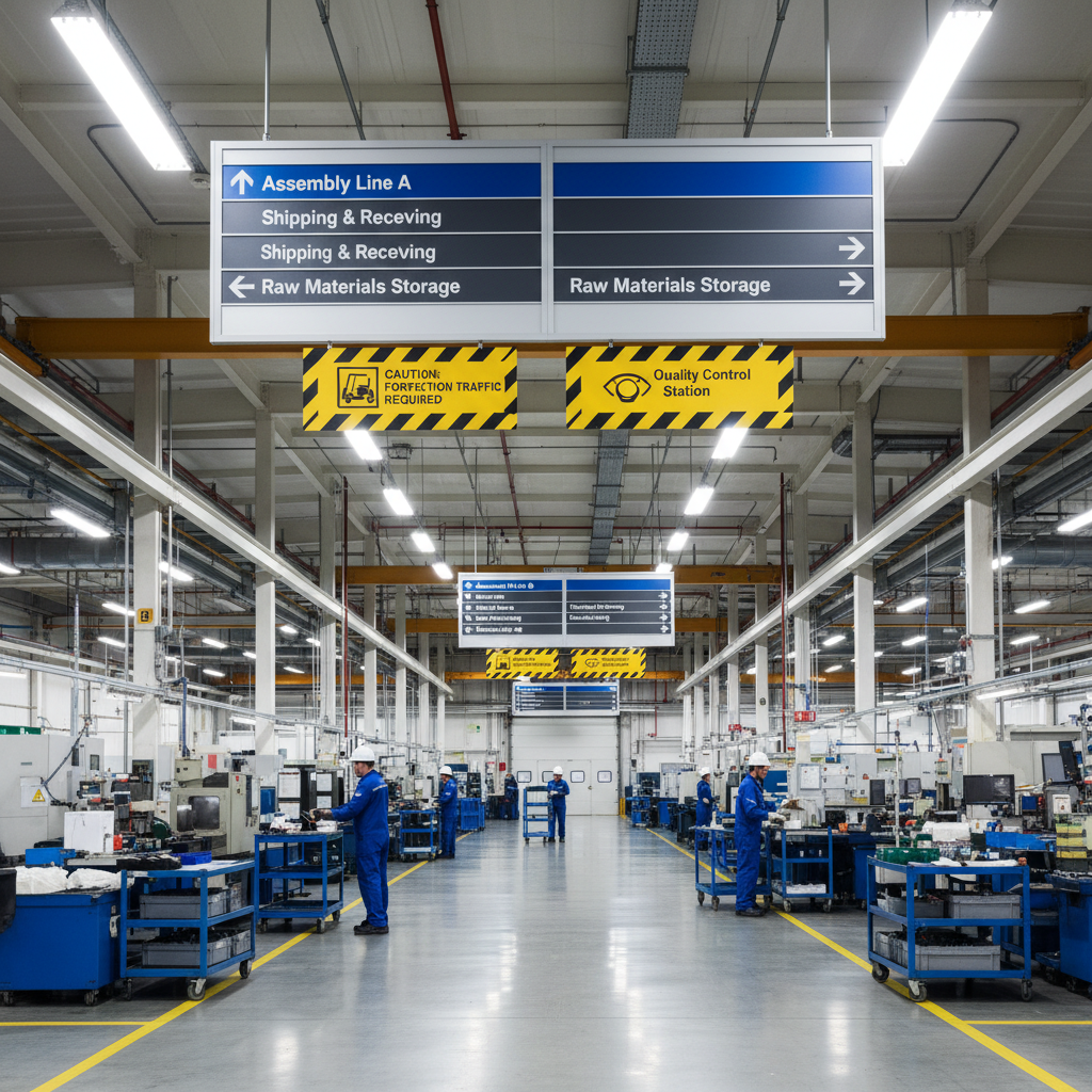 Signalétique usine industrielle avec panneaux de sécurité et directionnels